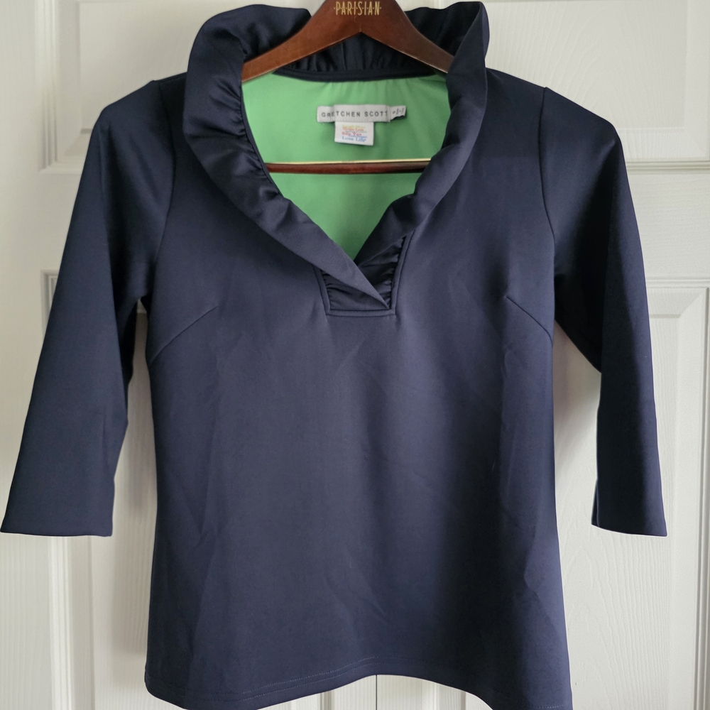 Gretchen Scott Navy Top With Ruffled Collar And Green Lining. Size S